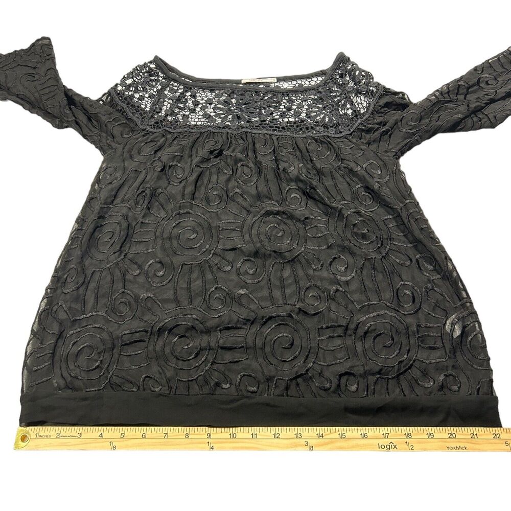Language Womens Embroidered Tunic Top Lace Yoke 3/4 Sleeve Silk Blend Black Sz S - Picture 10 of 14